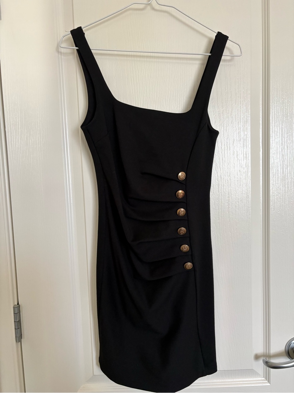 Zara Sleeveless Black Ruched Front Button Sheath Dress